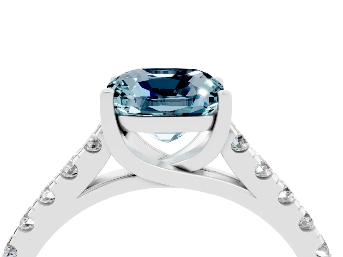 Cushion Cut Aquamarine Pavé Band Solitaire Ring with Prong Setting Platinum