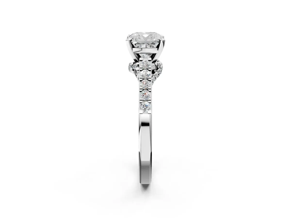 Cushion Cut Diamond Solitaire Ring with Crossover Gallery and Round Pavé Band Silver
