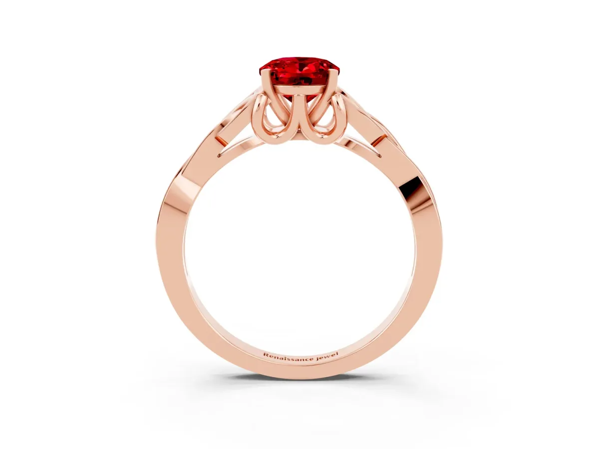 Oval Cut Ruby Solitaire Engagement Ring with Celtic Knot Band and Four-Prong Setting Rose gold