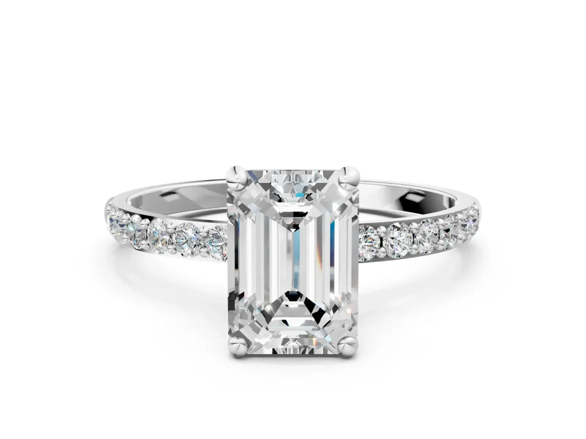 Emerald Cut Diamond Solitaire Ring with Round Pavé Band and Prong Setting Silver