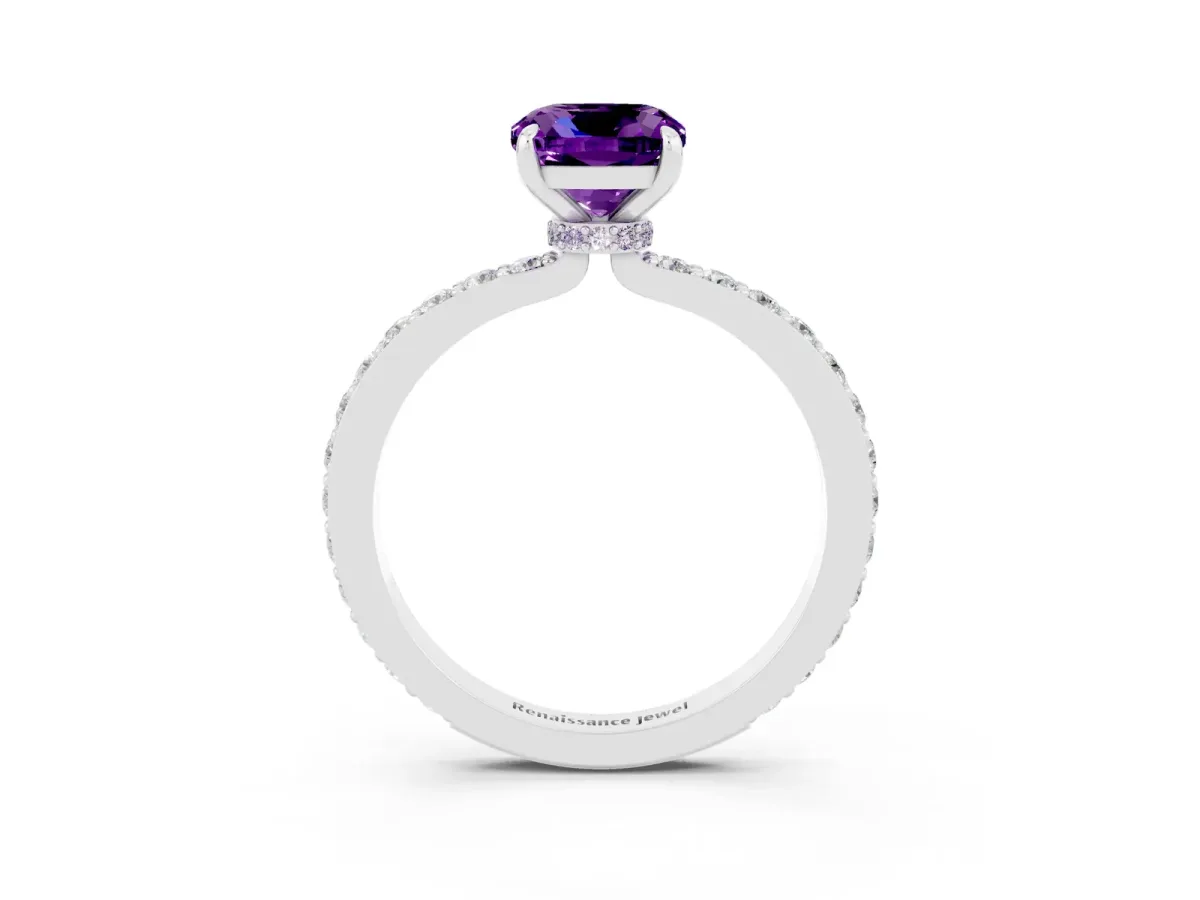 Cushion Cut Amethyst Solitaire Engagement Ring with Pavé Band and Four-Prong Setting Silver