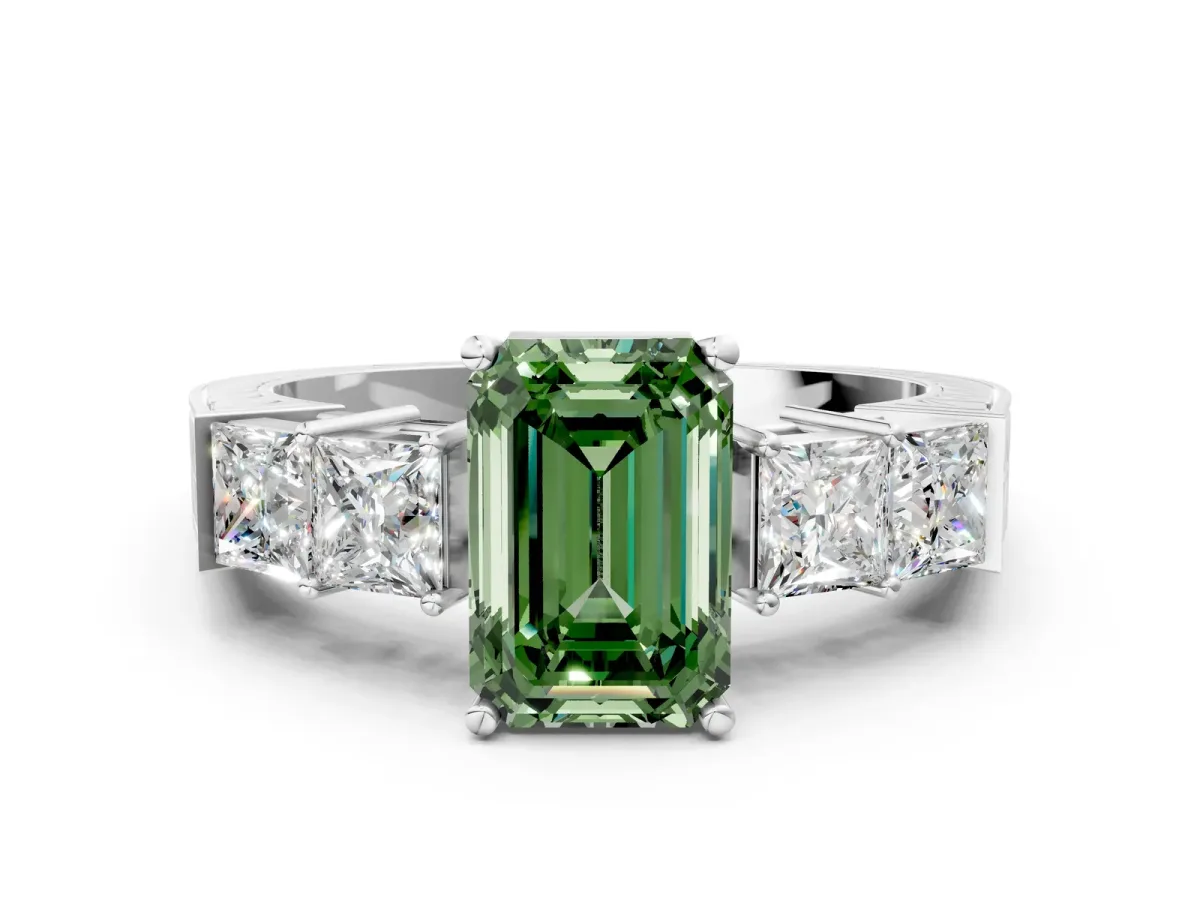 Fancy Green Emerald Cut Solitaire Princess Side Stone Engraved Band Prong Setting Ring Silver