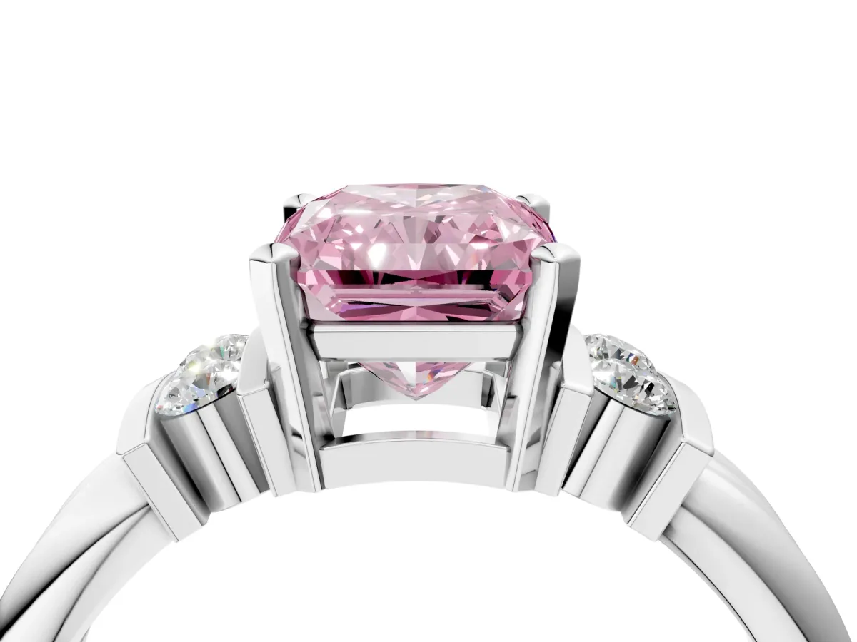 Fancy Pink Radiant Cut Cut Three-Stone Channel Set Ring with Bar Prongs Platinum