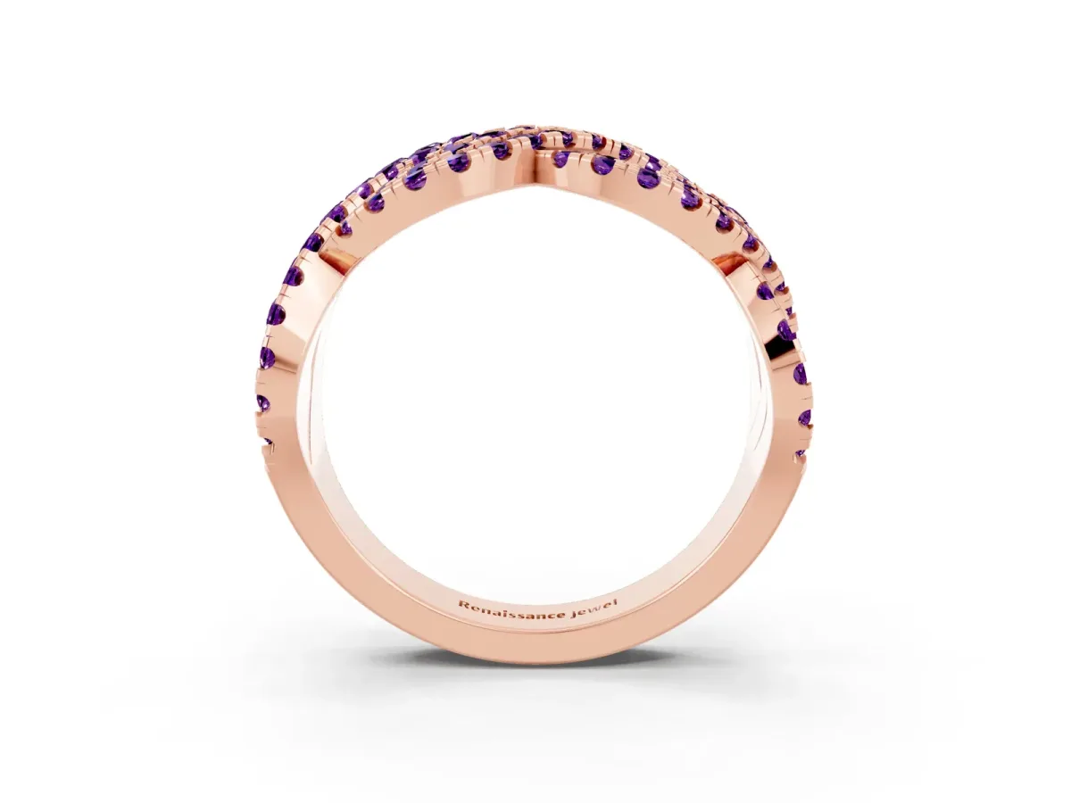 Pavé Round Amethyst Infinity Twist Band with Shared Prong Setting Rose gold