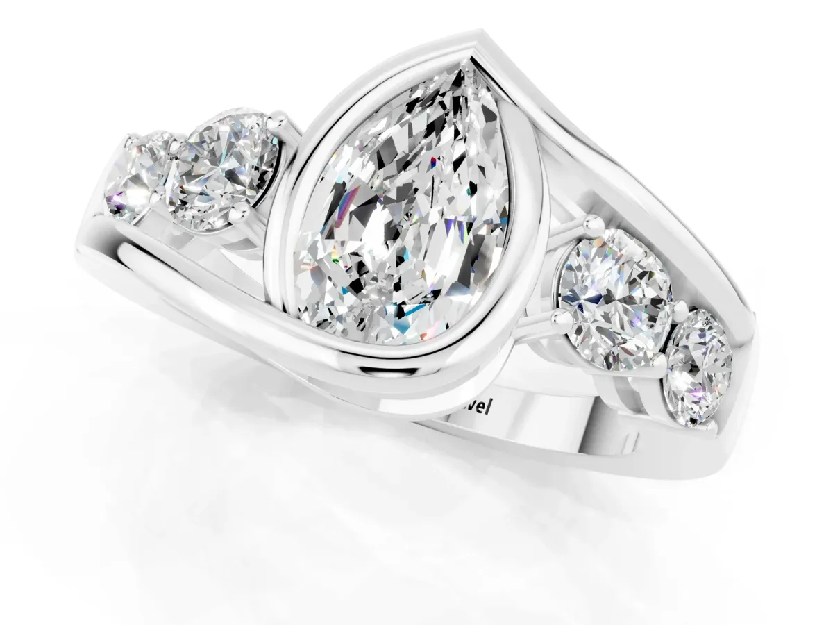 Bezel Set Pear Cut Moissanite Bypass Ring with Round Accents Silver
