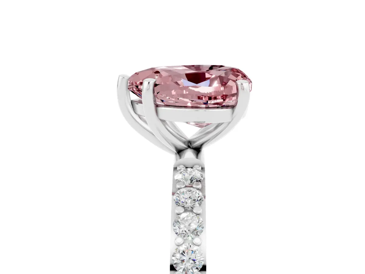 Heart Cut Morganite Solitaire Ring with Round Pavé Band and Prong Setting Silver