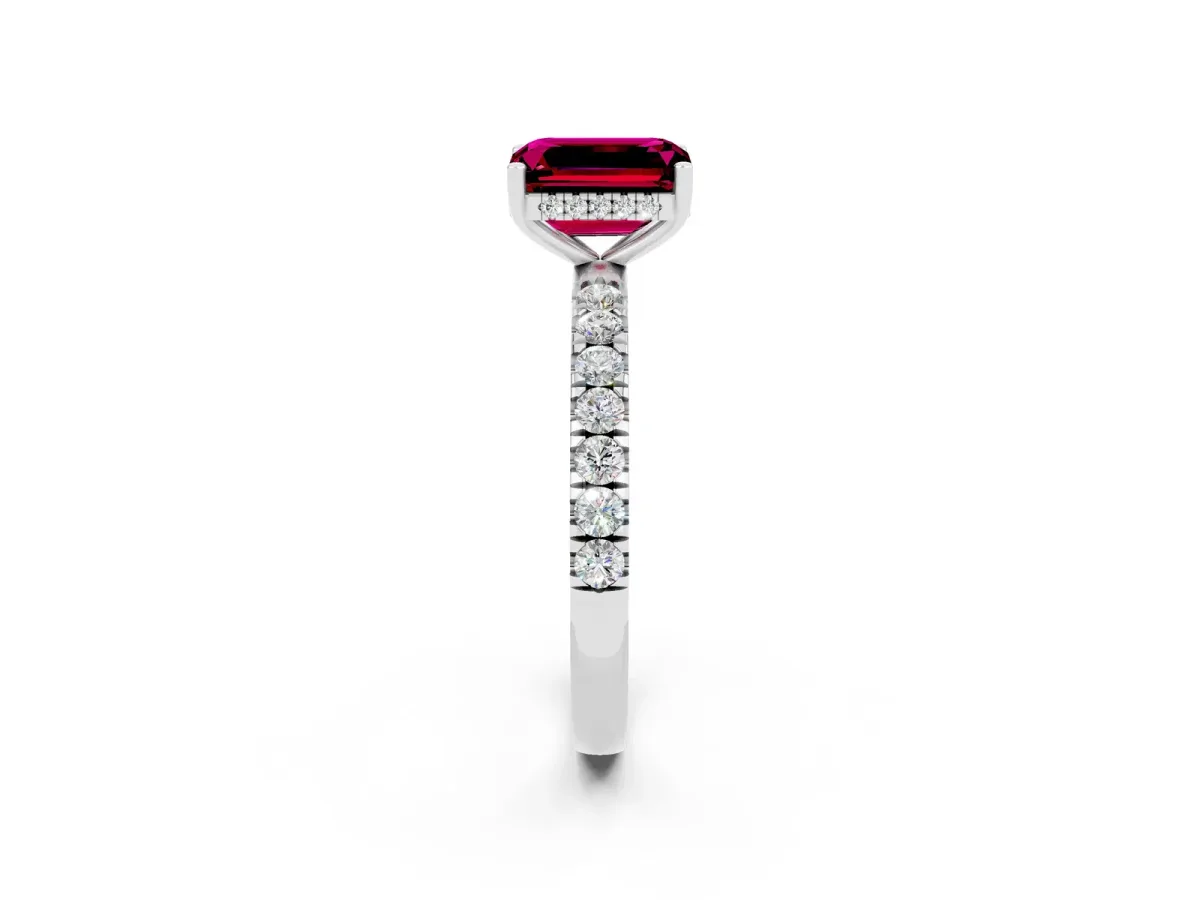 Emerald Cut Garnet Pave Band Solitaire Ring with Round and Prong Setting Platinum