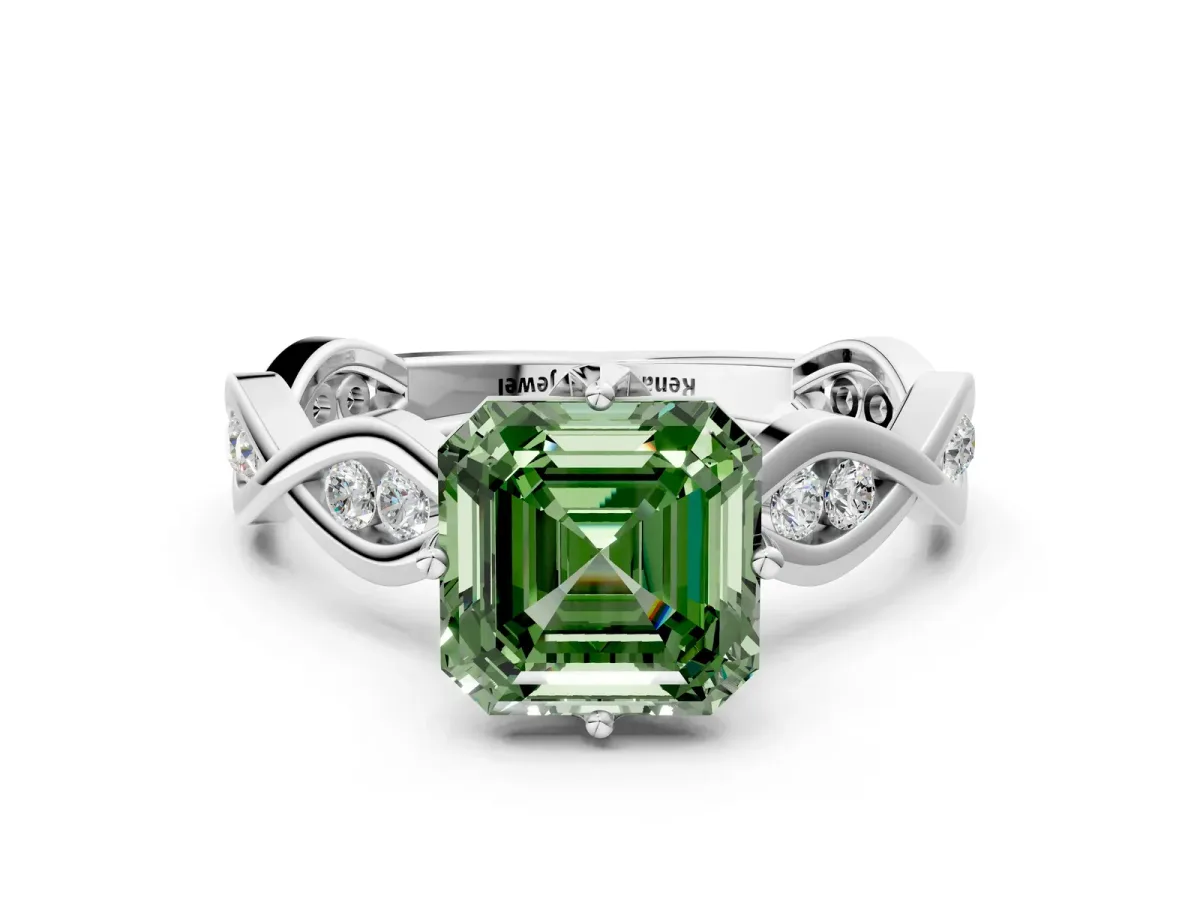 Fancy Green Asscher Cut Solitaire Twist Band with Leaf Prong Setting Platinum