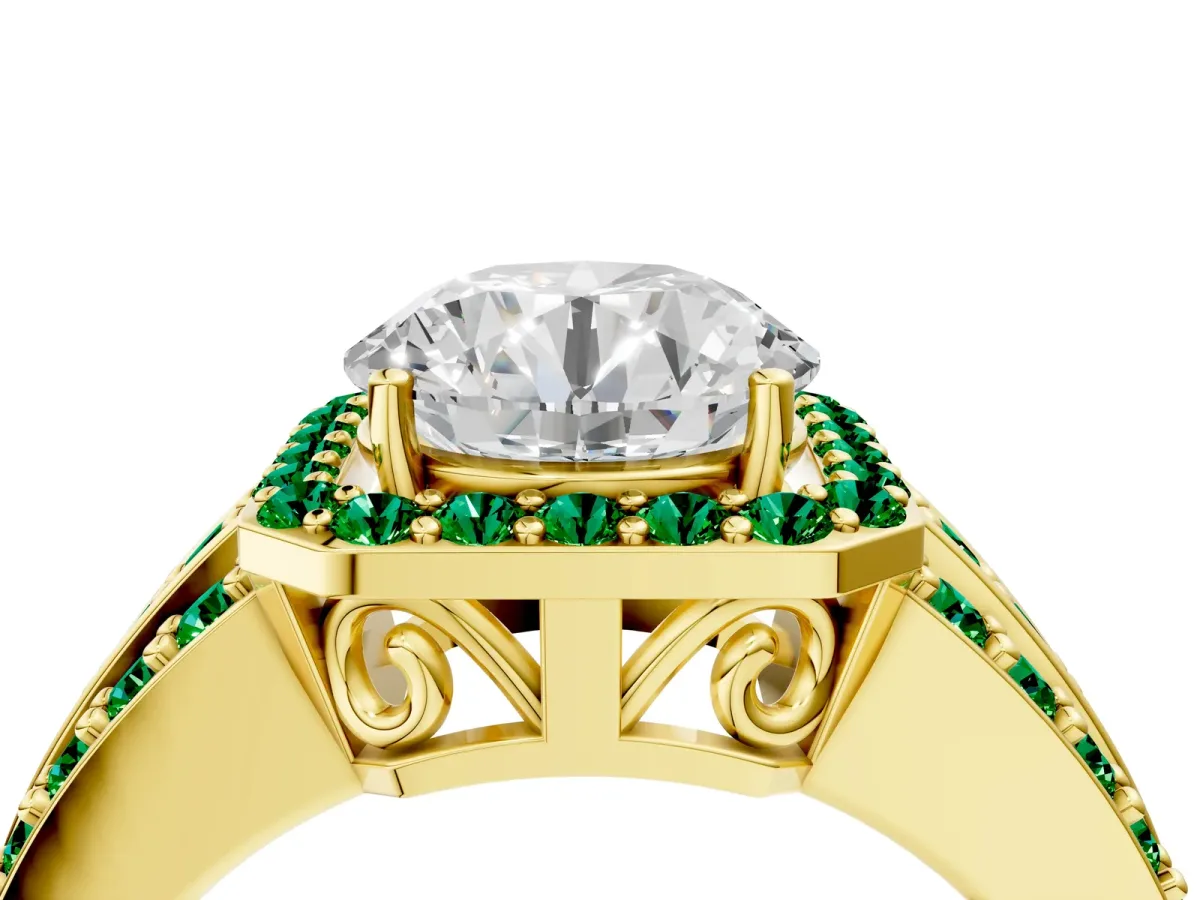 Round Cut Halo Diamond Ring with Round Emerald Split Shank and Prong Setting Yellow gold