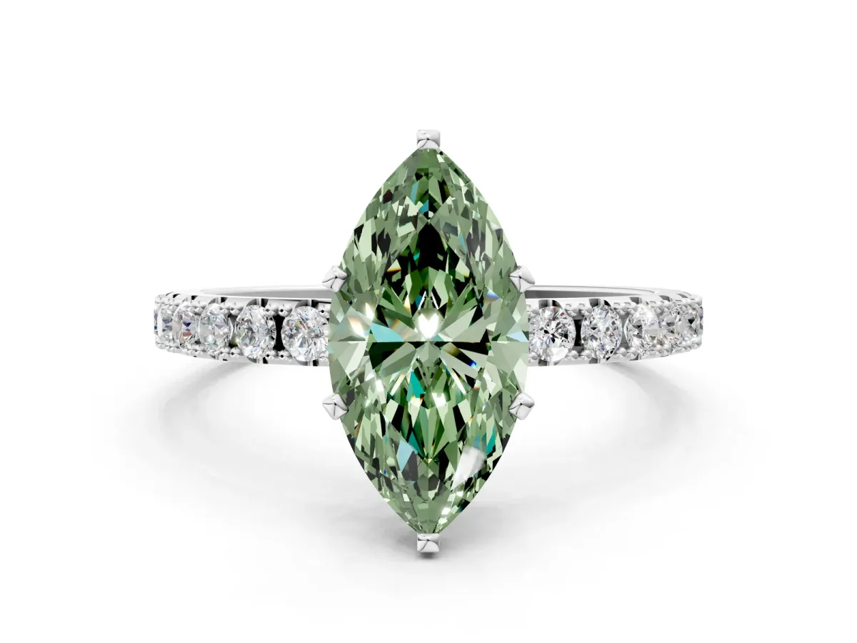Fancy Green Marquise Cut Diamond Solitaire Pavé Band with Four-Prong Setting Silver