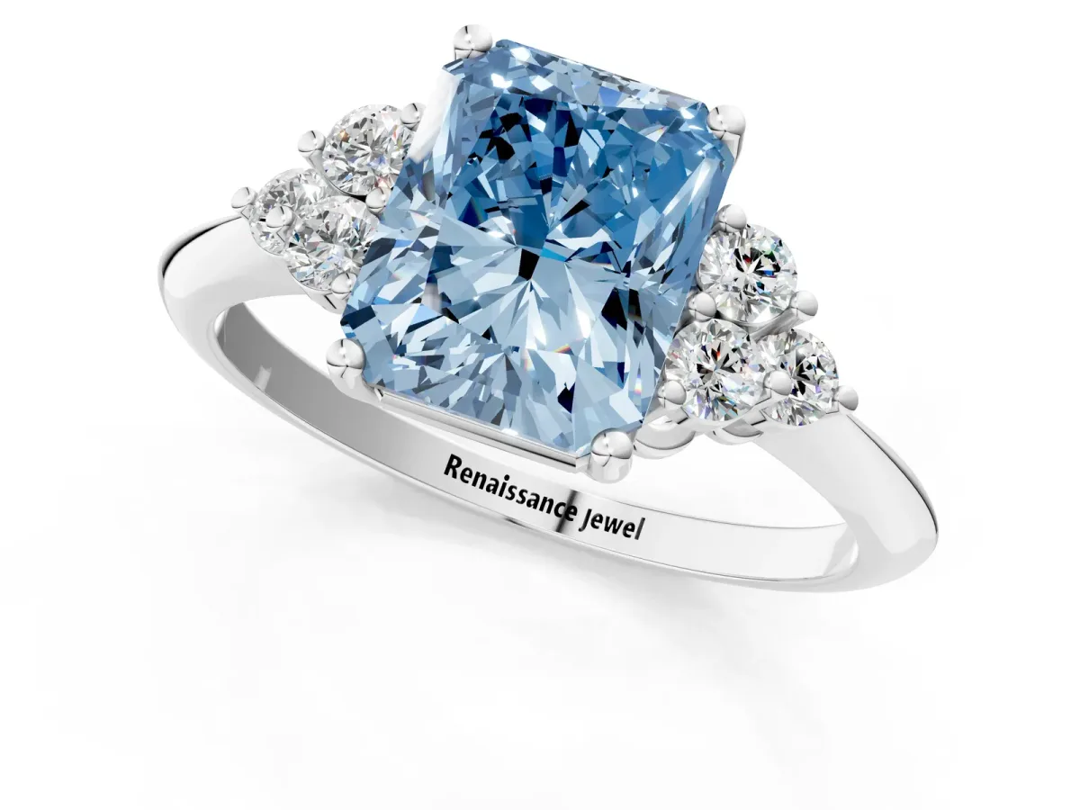 Fancy Blue Radiant Cut Cut Diamond Cluster Ring with Solitaire Band and Four-Prong Setting Platinum