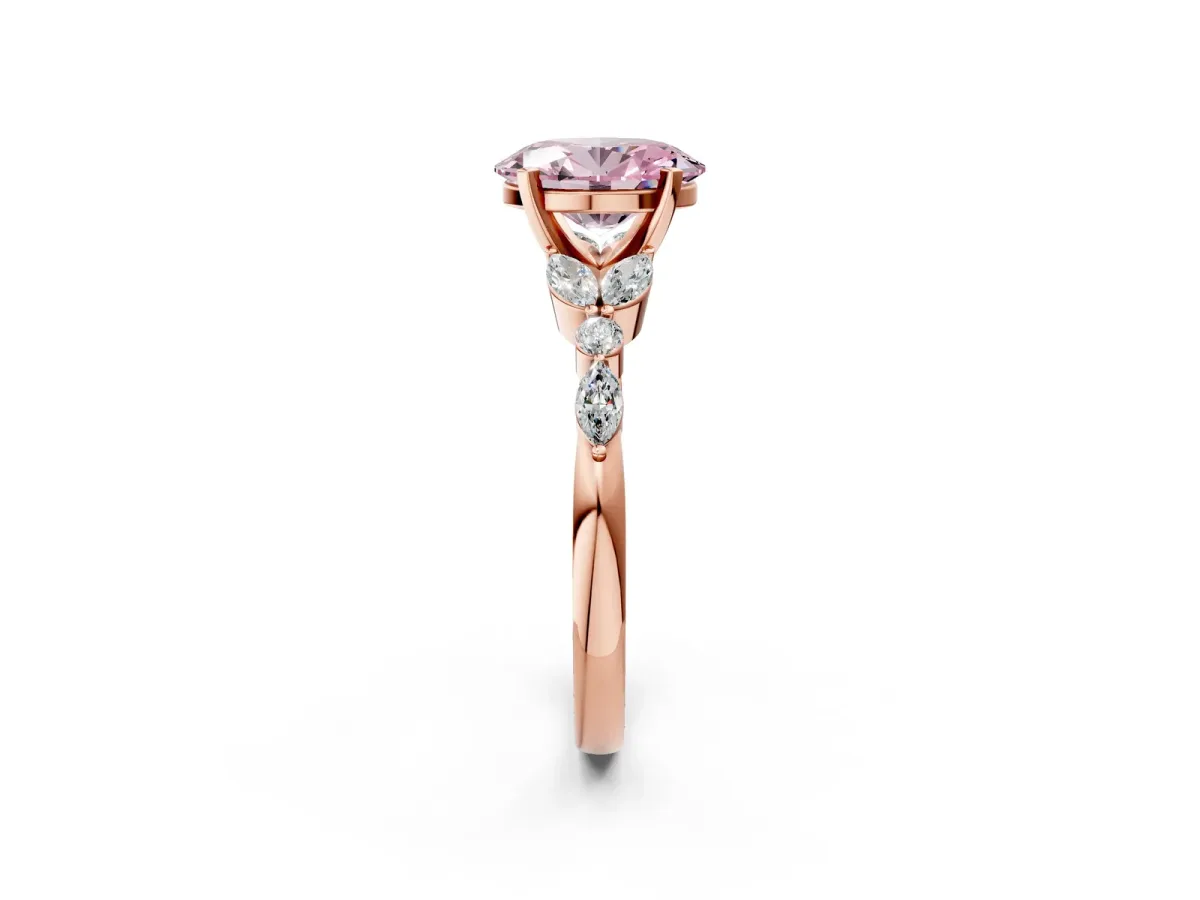 Fancy Pink Oval Cut Diamond Solitaire Ring with Side Stones and Four-Prong Setting Rose gold