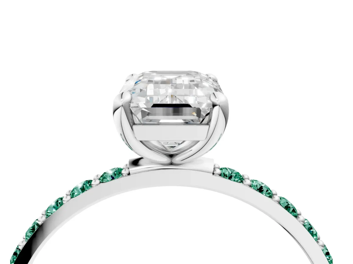 Emerald Cut Diamond Solitaire Ring with Round Green Sapphire Pavé Band and Prong Setting Silver