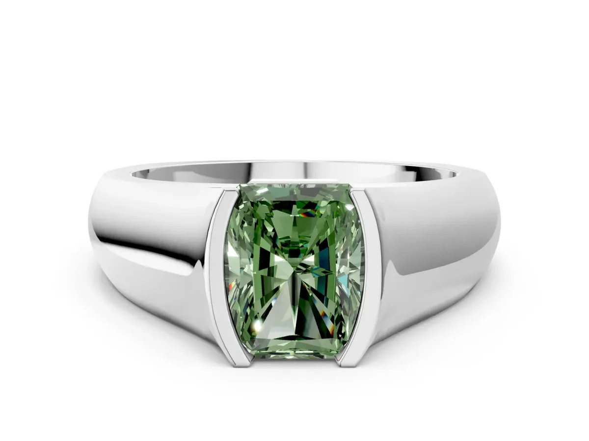Fancy Green Radiant Cut Solitaire Bezel Set Diamond Ring with Wide Band Platinum