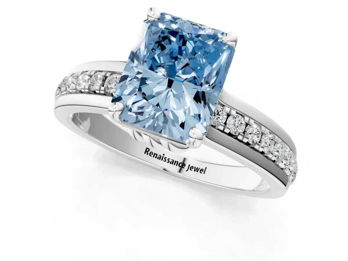 Fancy Blue Radiant Cut Solitaire Diamond Ring with Channel Set Band and Six-Prong Setting Platinum