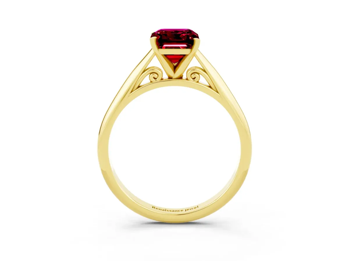 Emerald Cut Garnet Solitaire Engagement Ring with Cathedral Setting and Four-Prong Mount Yellow gold