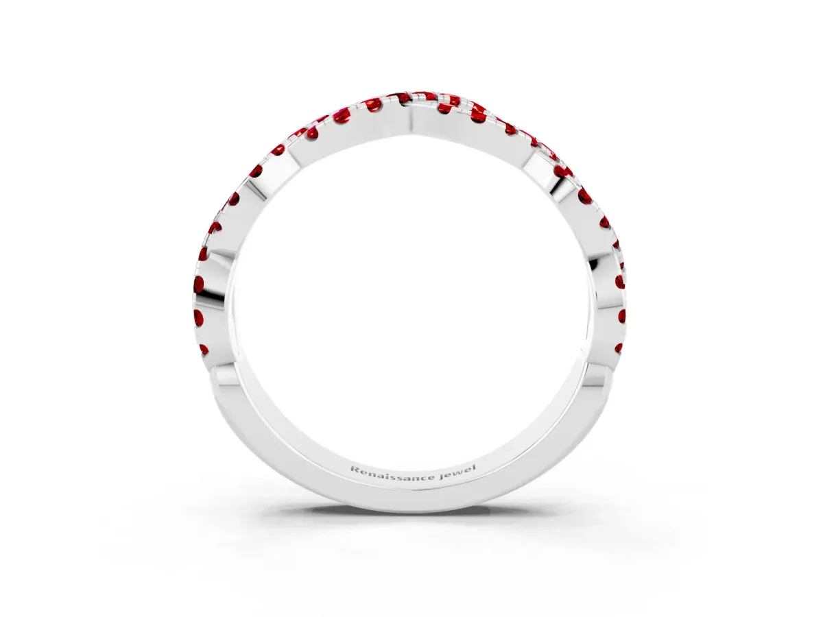 Round Ruby Twisted Eternity Band with Pavé and Shared Prong Setting Platinum