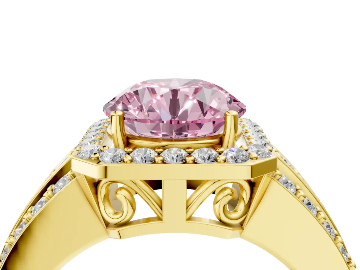 Fancy Pink Round Cut Halo Diamond Ring with Round Split Shank and Prong Setting Yellow gold