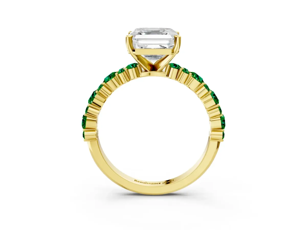 Asscher Cut Diamond Side Stone Solitaire Ring with Round Emerald and Four-Prong Setting Yellow gold