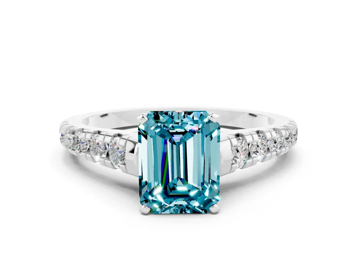 Emerald Cut Blue Topaz Cathedral Solitaire Ring with Round Pavé Band Platinum