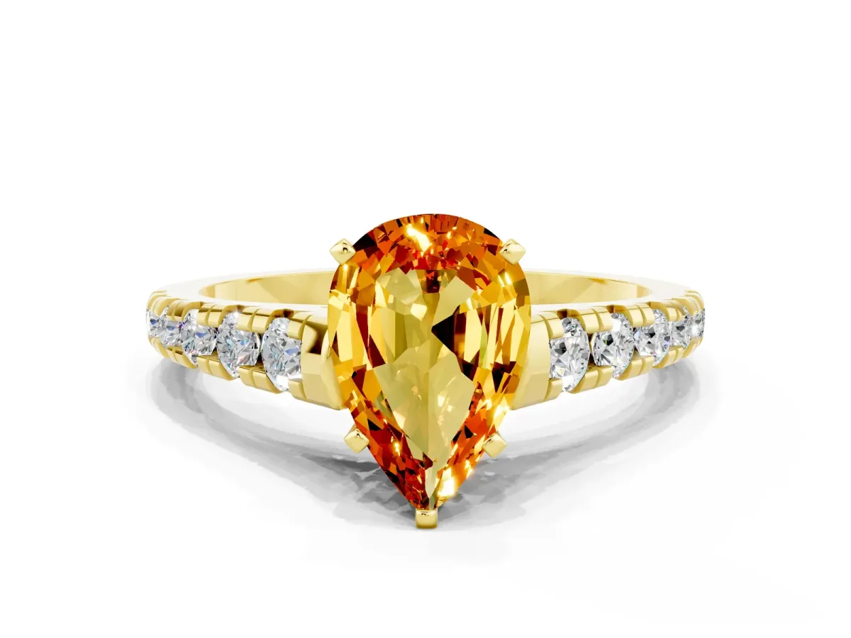 Pear Cut Citrine Cathedral Solitaire Ring with Round Pavé Band Yellow gold