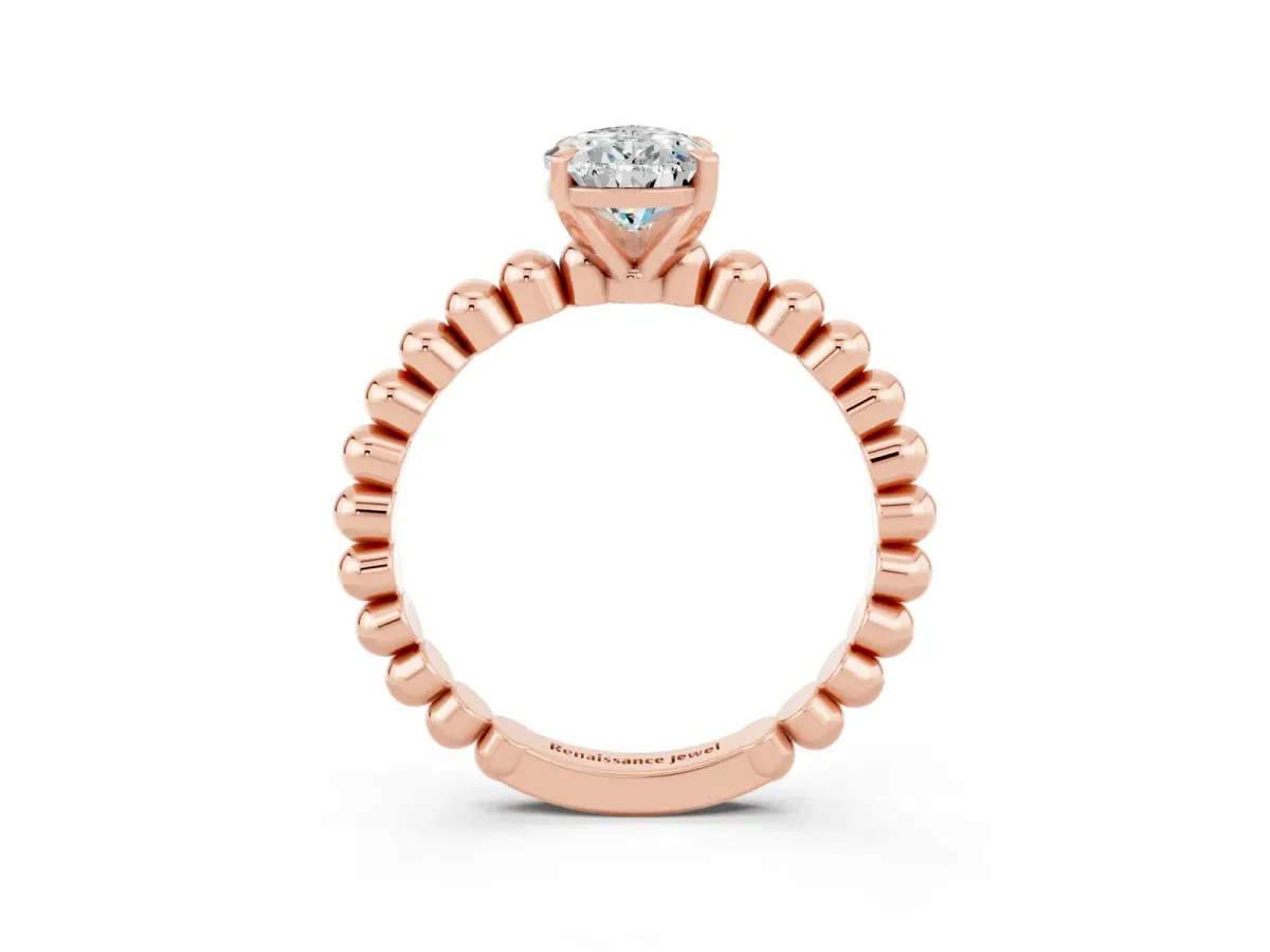 Pear Cut Moissanite Solitaire Ring with Beaded Band and Prong Setting Rose gold