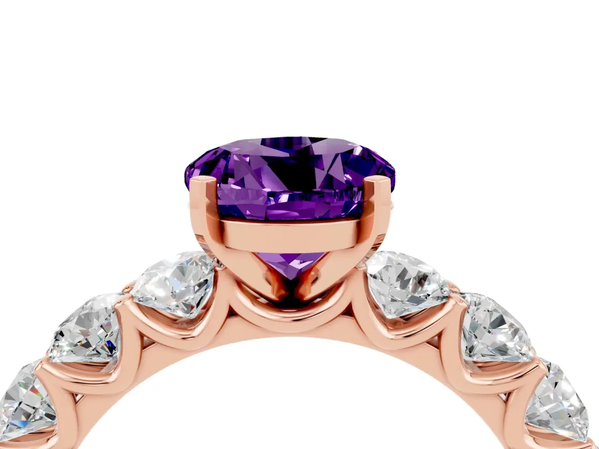 Round Cut Amethyst Prong Setting with Side Stones on a Pave Band Rose gold