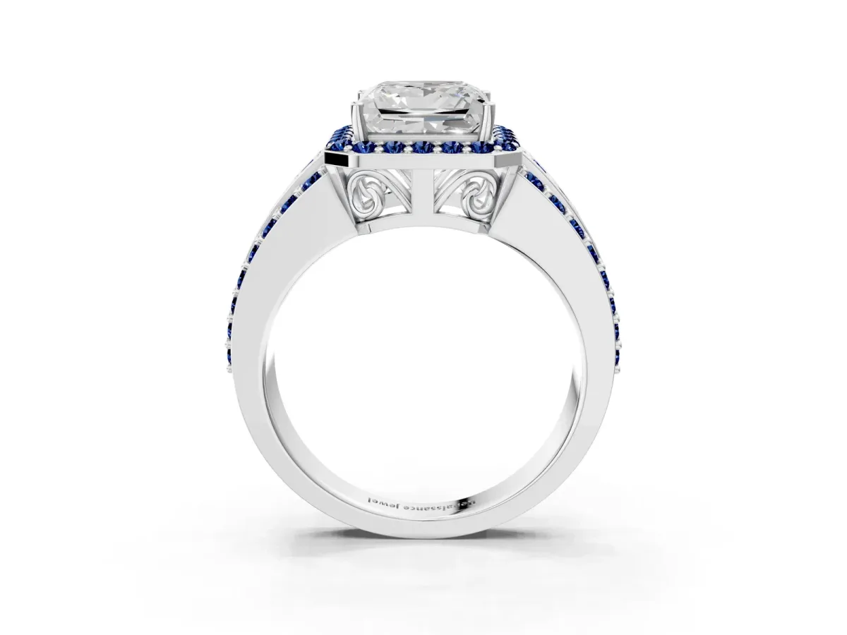 Princess Cut Halo Diamond Ring with Round Blue Sapphire Split Shank and Prong Setting Silver