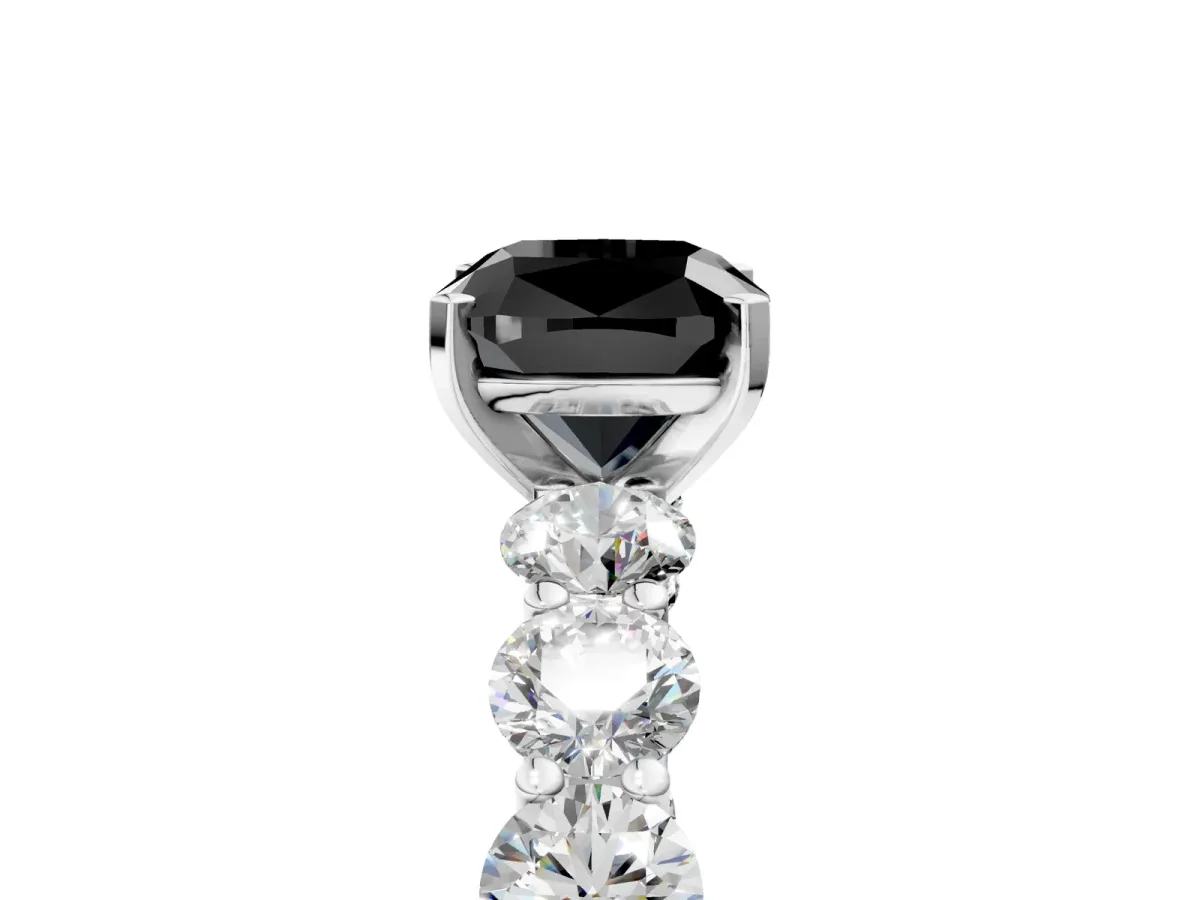 Fancy Black Cushion Cut Diamond Prong Setting with Side Stones on a Pave Band Silver