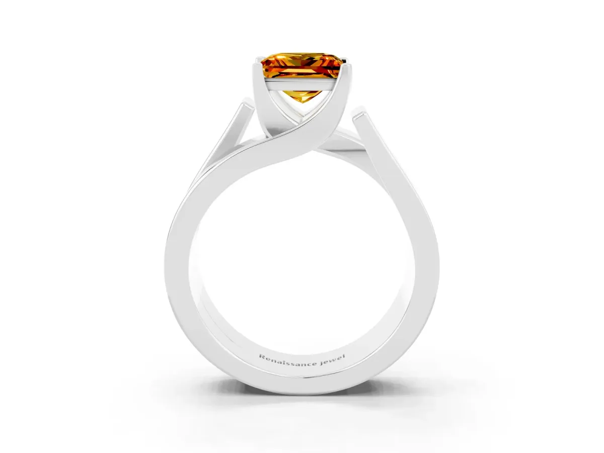 Modern Tension Set Princess Cut Citrine Solitaire Wide Band Ring Silver
