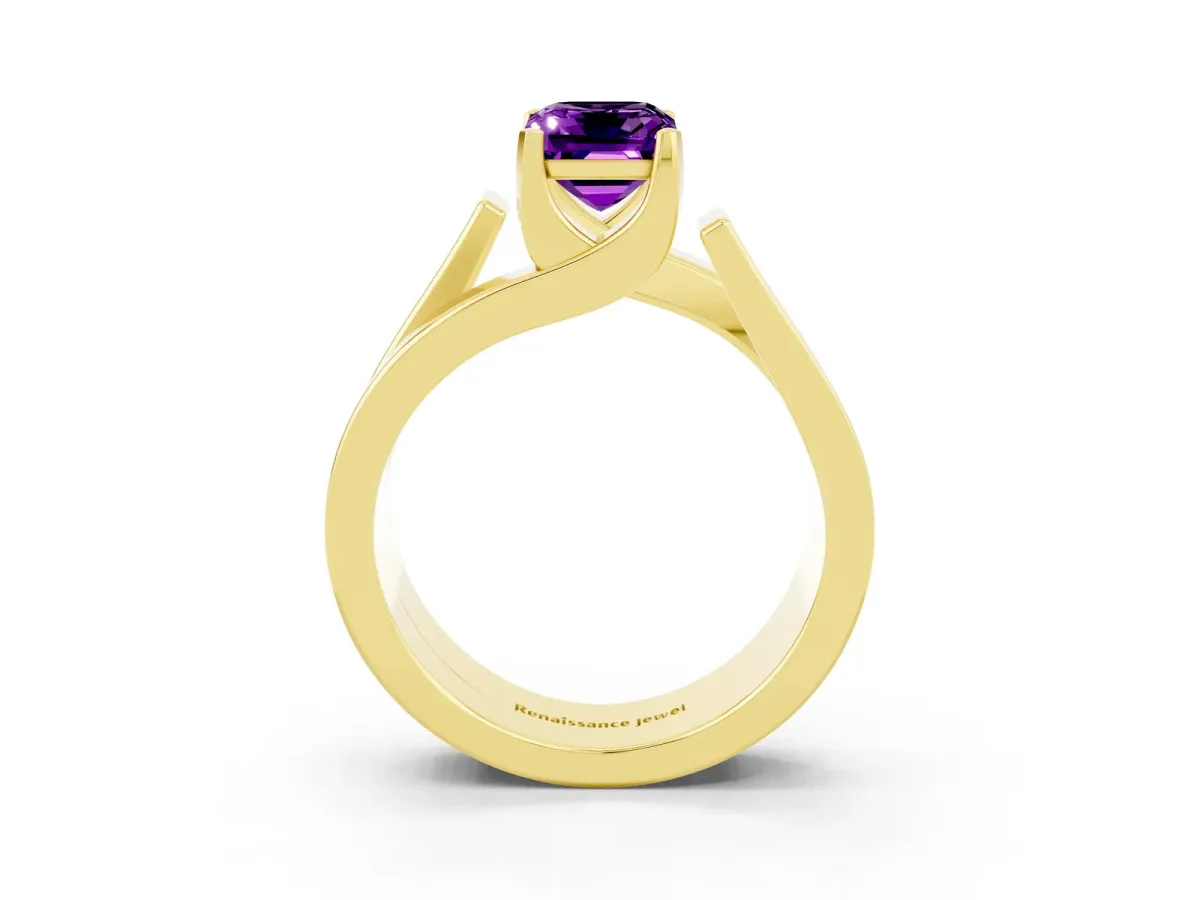 Modern Tension Set Emerald Cut Amethyst Solitaire Wide Band Ring Yellow gold