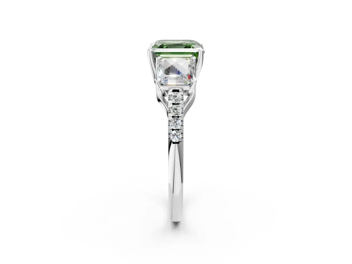 Fancy Green Three-Stone Asscher Cut Diamond Ring with Round Pavé Band and Prong Setting Silver