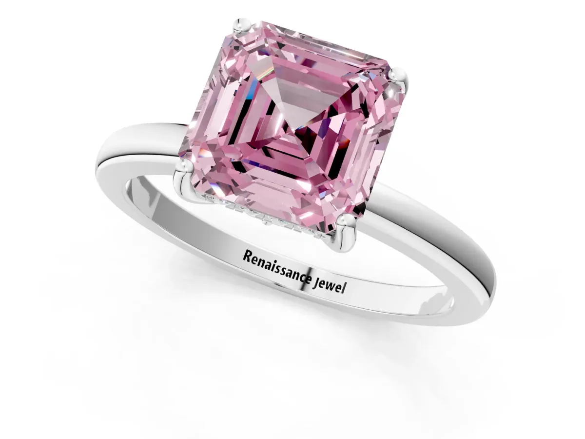 Fancy Pink Asscher Cut Solitaire Diamond Ring with Prong Setting and Plain Band Silver