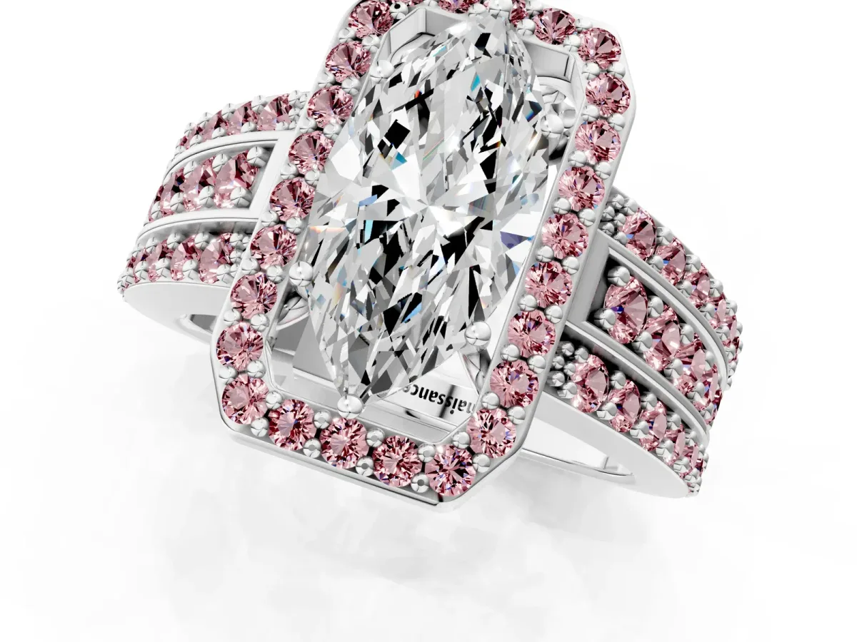 Marquise Cut Halo Diamond Ring with Round Morganite Split Shank and Prong Setting Silver