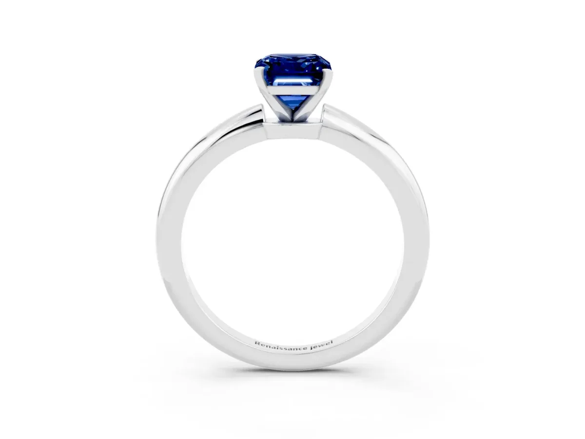 Emerald Cut Blue Sapphire Solitaire Ring with Six-Prong Setting and Classic Band Silver