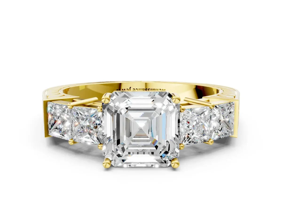 Asscher Cut Solitaire Princess Side Stone Engraved Band Prong Setting Ring Yellow gold