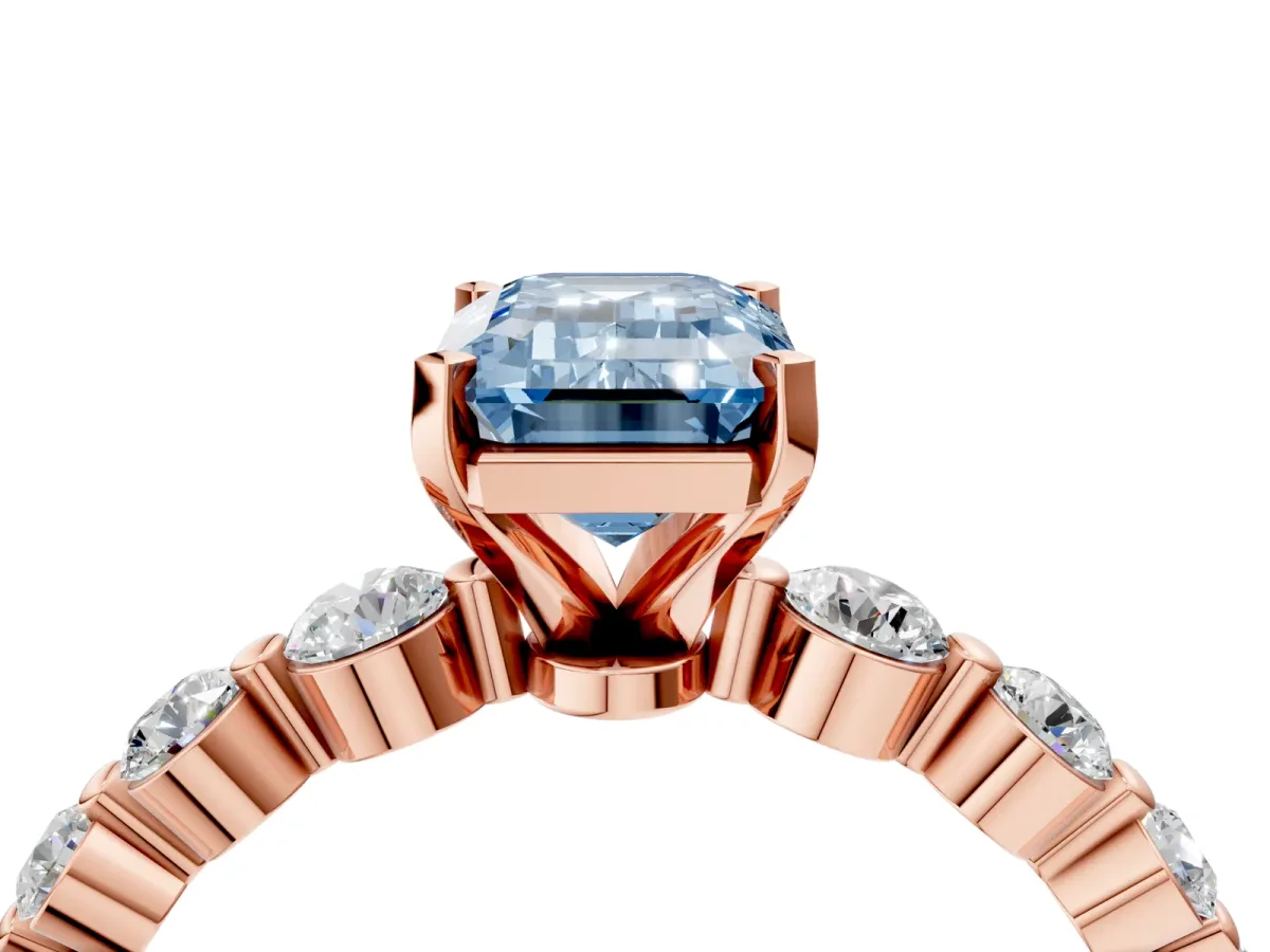 Fancy Blue Emerald Cut Solitaire Diamond Ring with Pave Band and Four-Prong Setting Rose gold