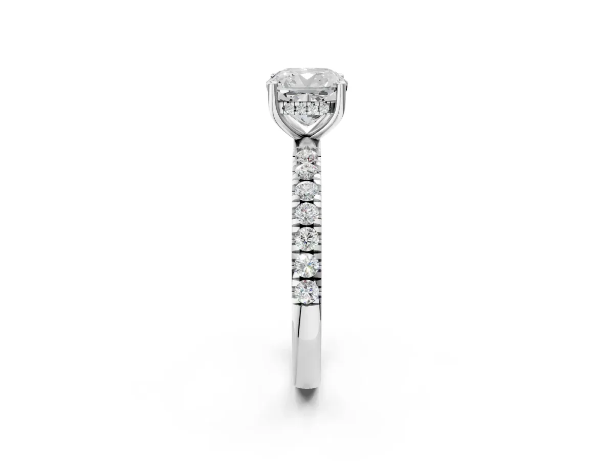 Cushion Cut Diamond Pave Band Solitaire Ring with Round Moissanite and Prong Setting Silver