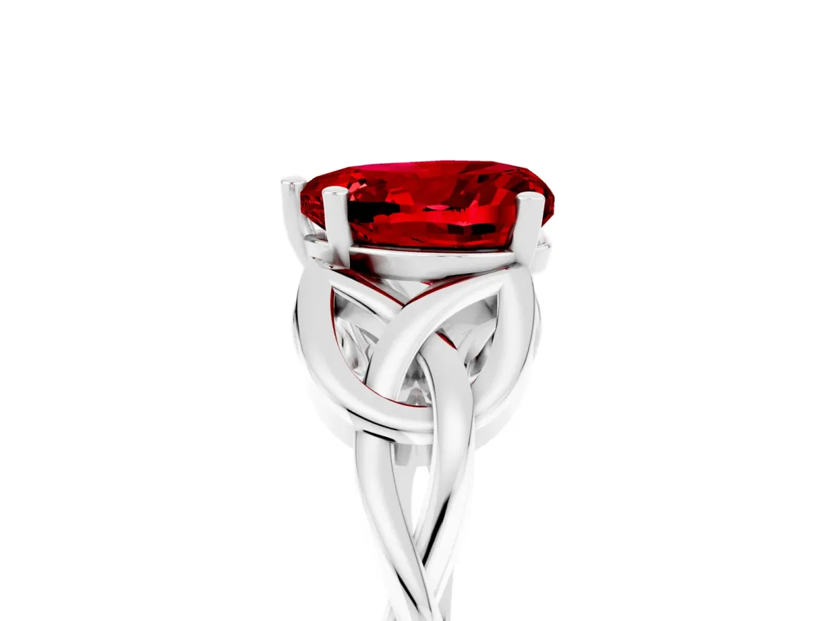 Heart Cut Ruby Solitaire Engagement Ring with Celtic Knot Band and Four-Prong Setting Silver