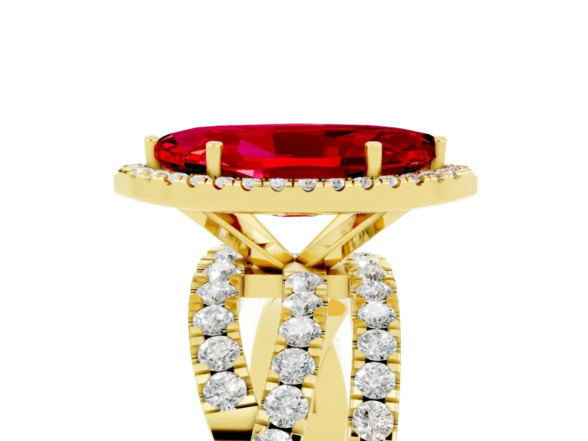 Marquise Cut Ruby Halo Ring with Round Split Shank and Prong Setting Yellow gold