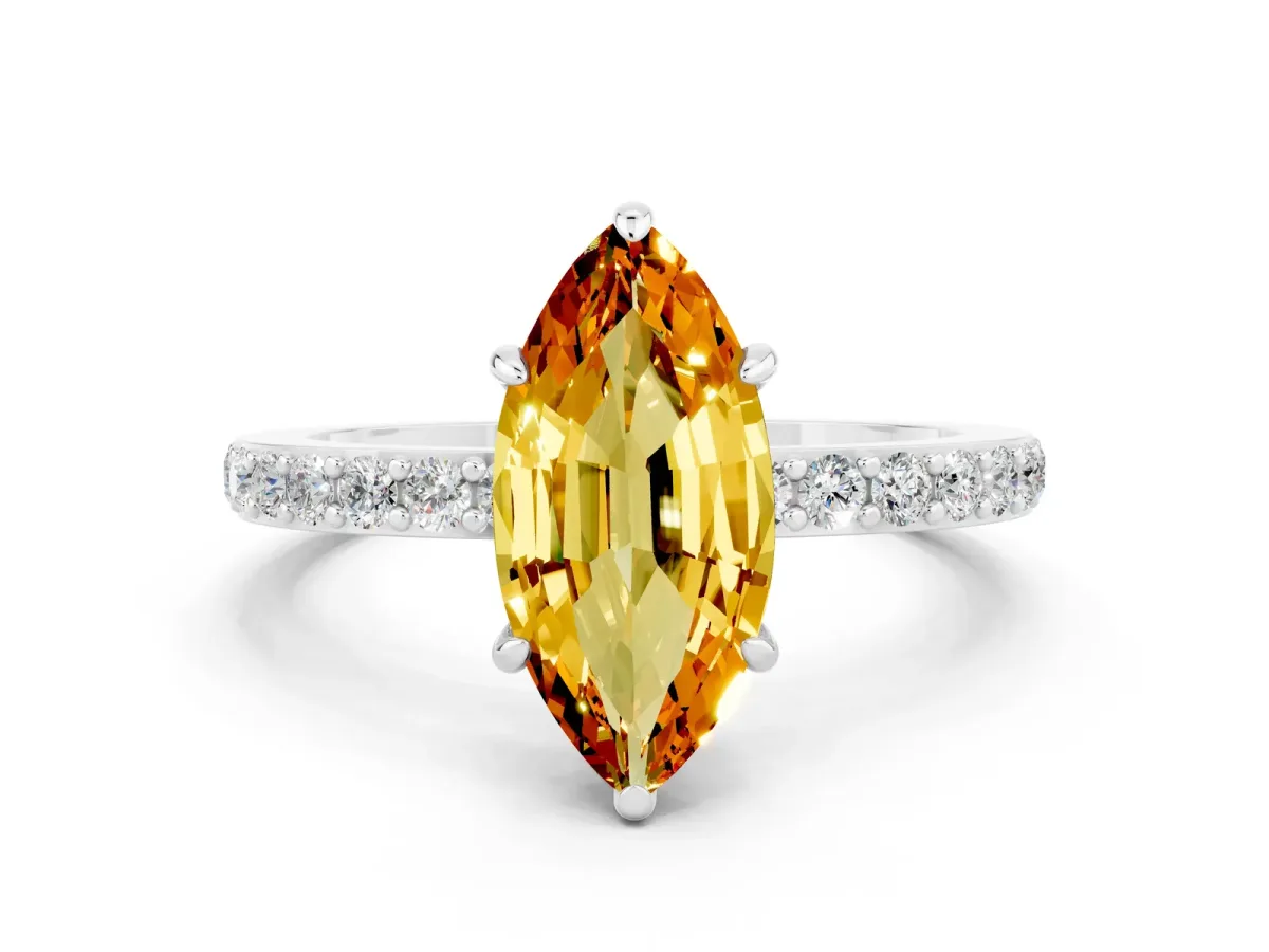 Marquise Cut Citrine Solitaire Engagement Ring with Pavé Band and Four-Prong Setting Silver