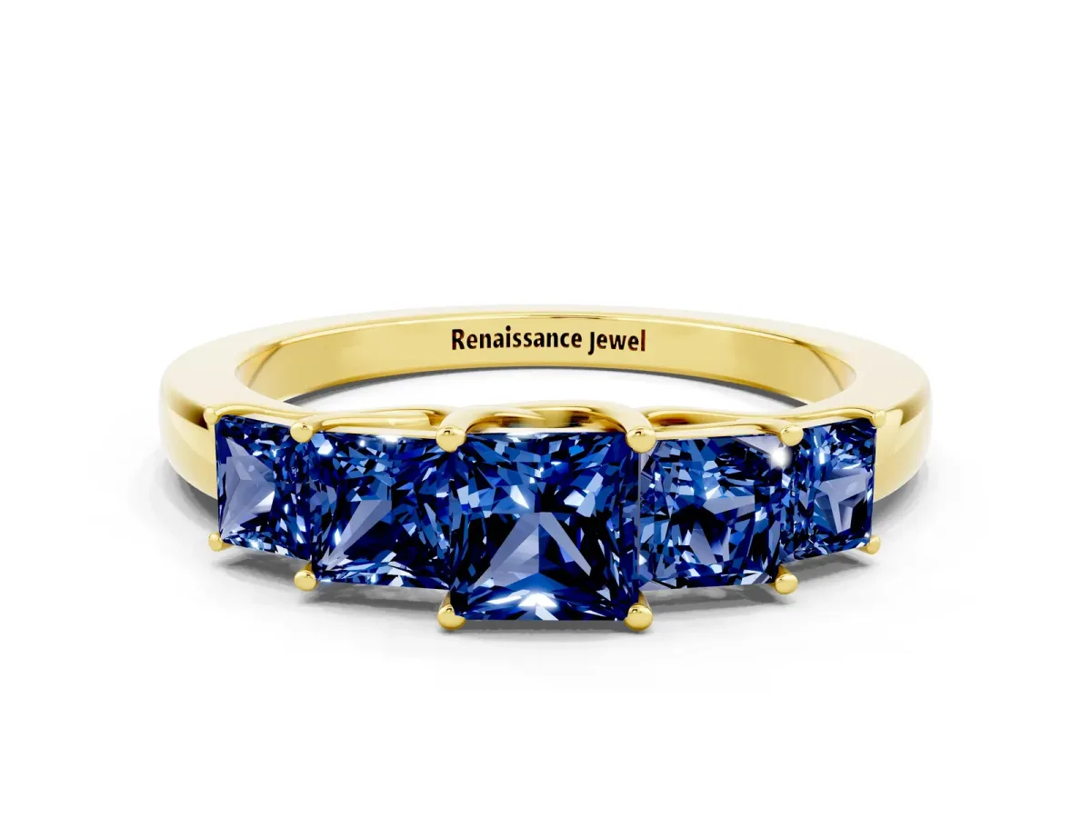 Princess Cut Five-Stone Blue Sapphire Ring with Classic Prong Setting Yellow gold