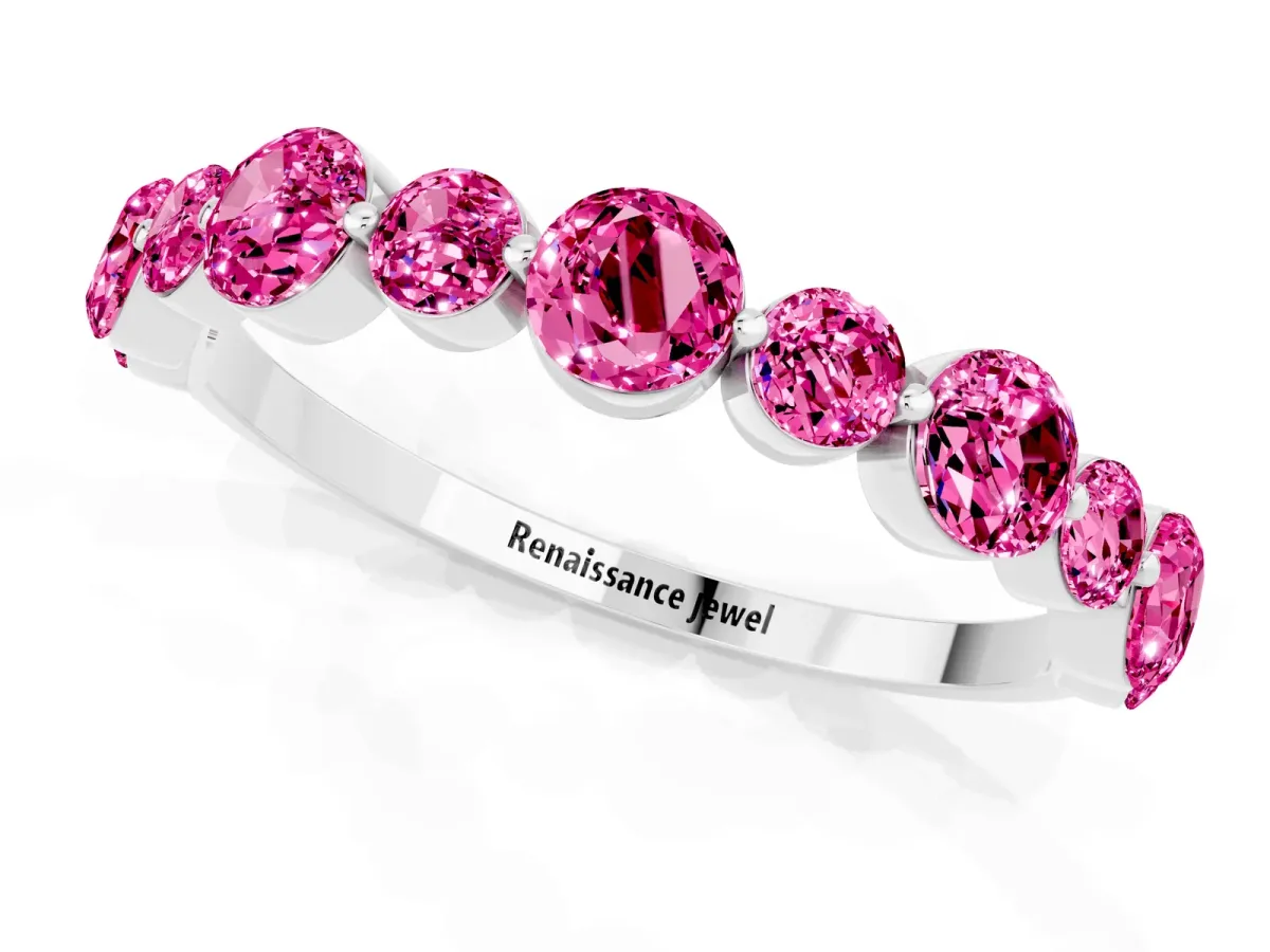 Round Pink Sapphire Scalloped Prong Set Eternity Band Silver