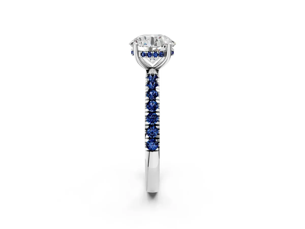 Round Cut Diamond Pave Band Solitaire Ring with Round Blue Sapphire and Prong Setting Silver