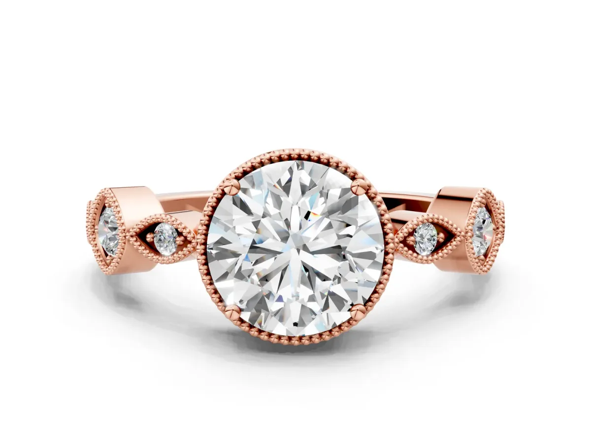 Round Cut Diamond Vintage Milgrain Ring with Round Stations Rose gold