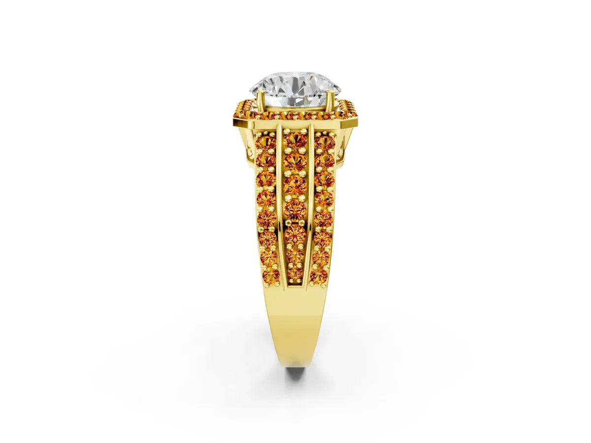 Round Cut Halo Diamond Ring with Round Citrine Split Shank and Prong Setting Yellow gold