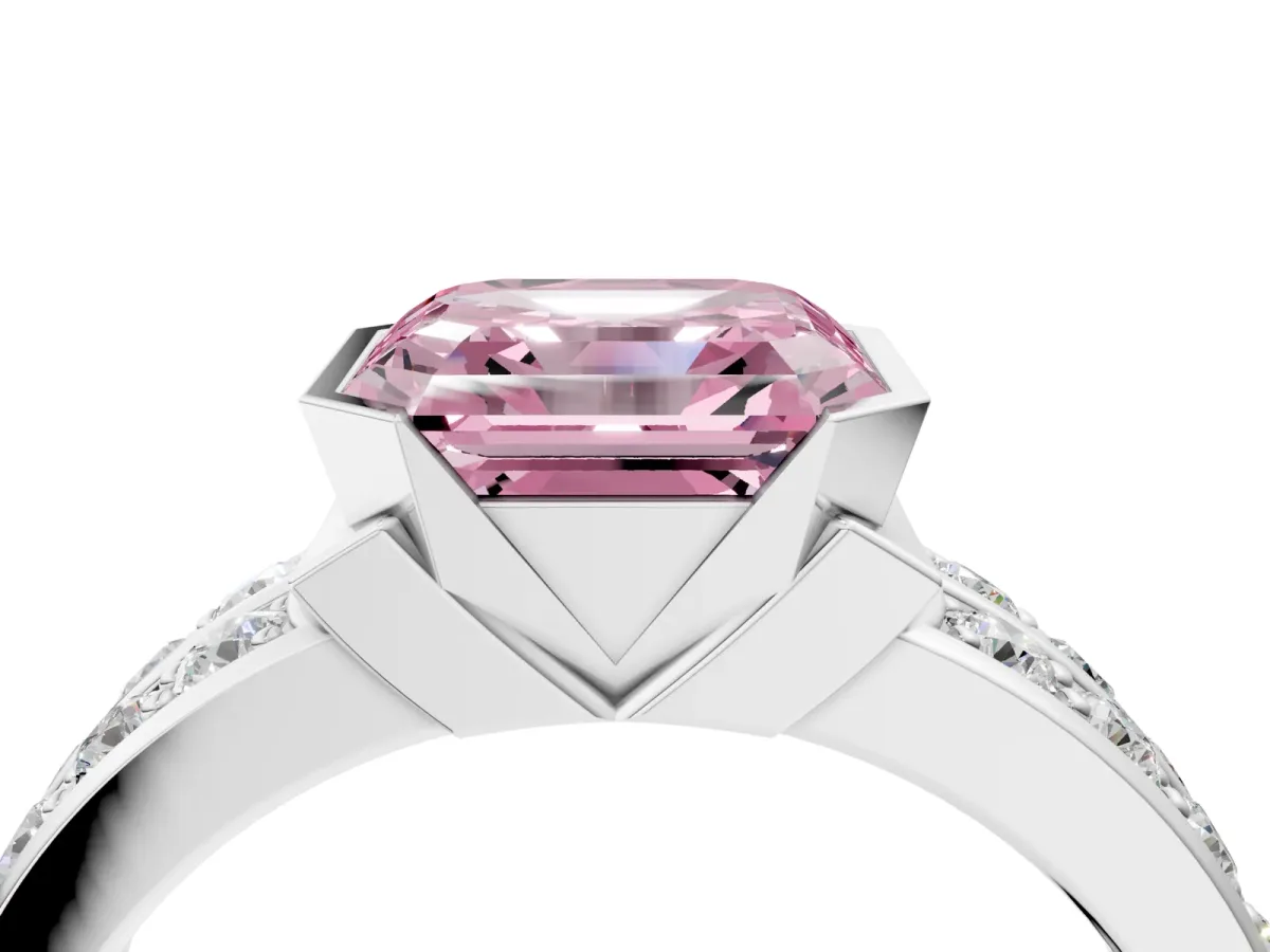 Fancy Pink Asscher Cut Brilliant Diamond Channel Set Wide Band Ring with Bezel Setting Platinum