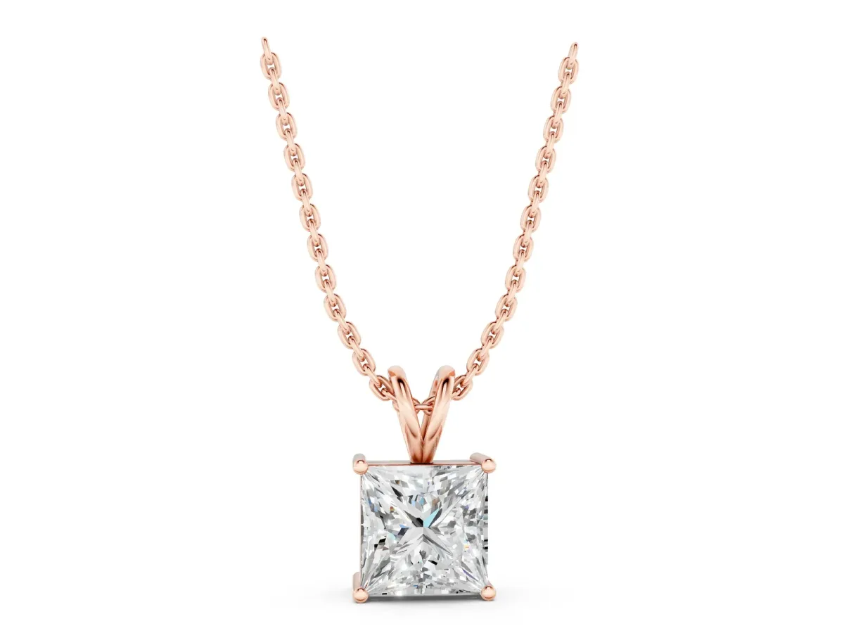 Princess Diamond Solitaire Pendant with Four Prong Setting Rose gold