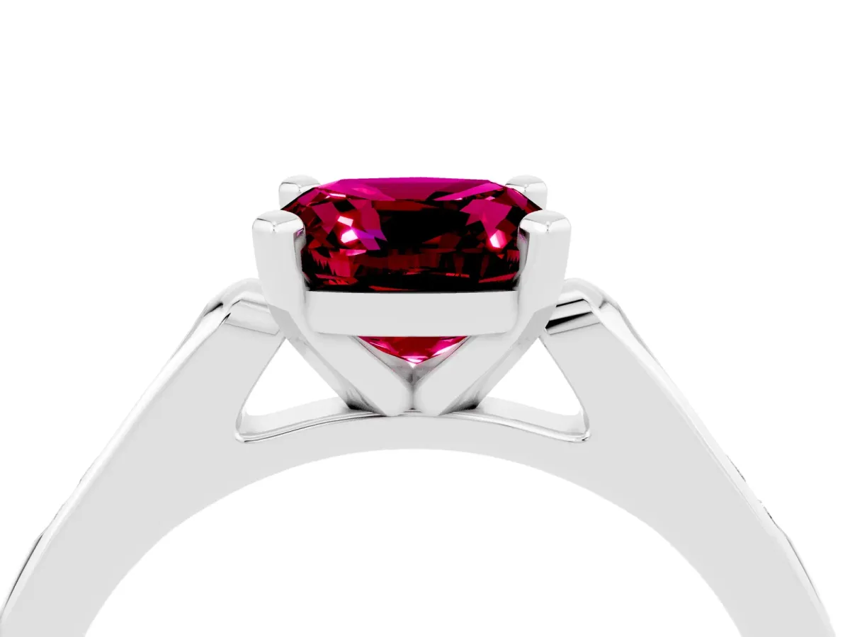Cushion Cut Garnet Solitaire Ring with Channel Set Round Band and Prong Setting Silver