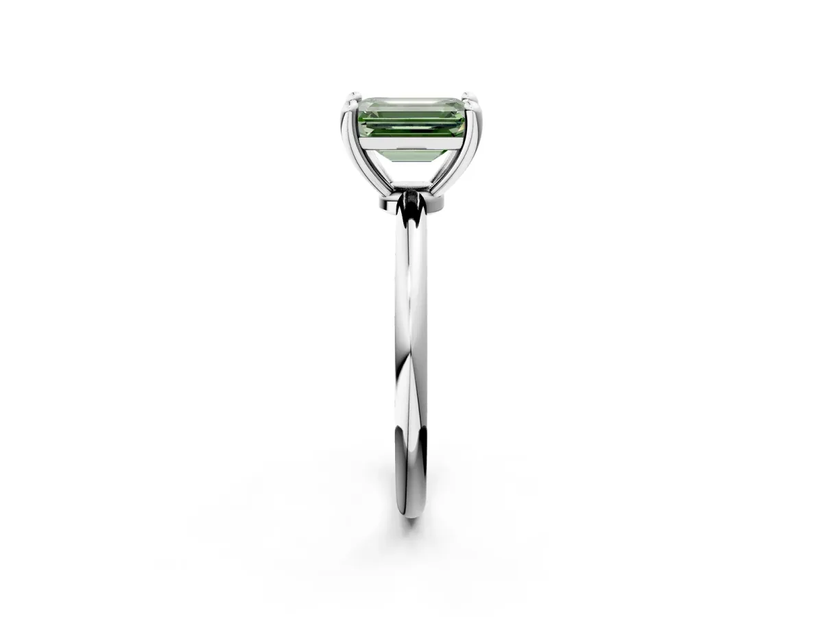 Fancy Green Emerald Cut Solitaire Diamond Ring with 4-Prong Setting on a Classic Band Silver